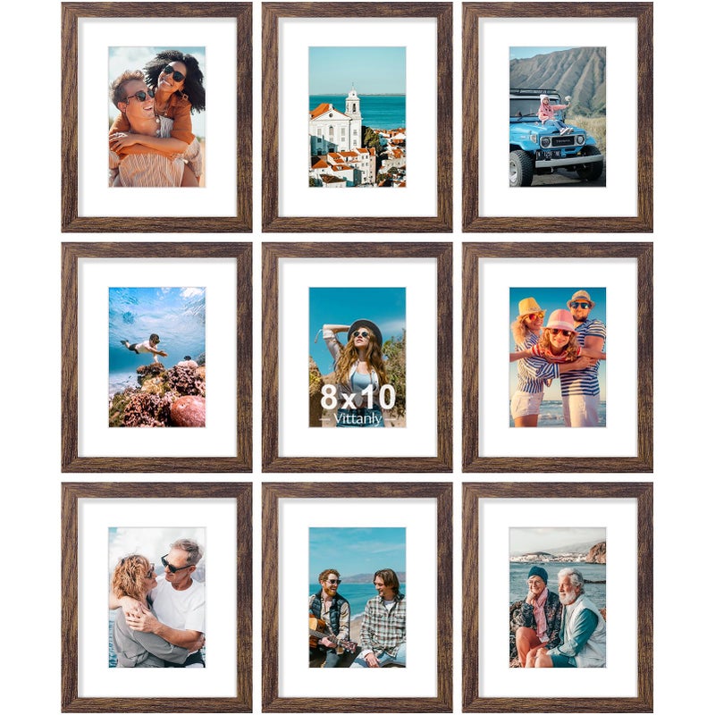 Vittanly 8x10 Picture Frames Set of 9, Shatter Resistant Plexiglass, Display 5x7 Pictures with Mat or 8x10 without Mat, Photo Frames for Wall or Tabletop, Engineered Wood, Brown - Image 1
