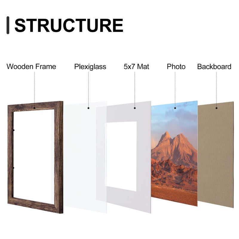Vittanly 8x10 Picture Frames Set of 9, Shatter Resistant Plexiglass, Display 5x7 Pictures with Mat or 8x10 without Mat, Photo Frames for Wall or Tabletop, Engineered Wood, Brown - Image 2
