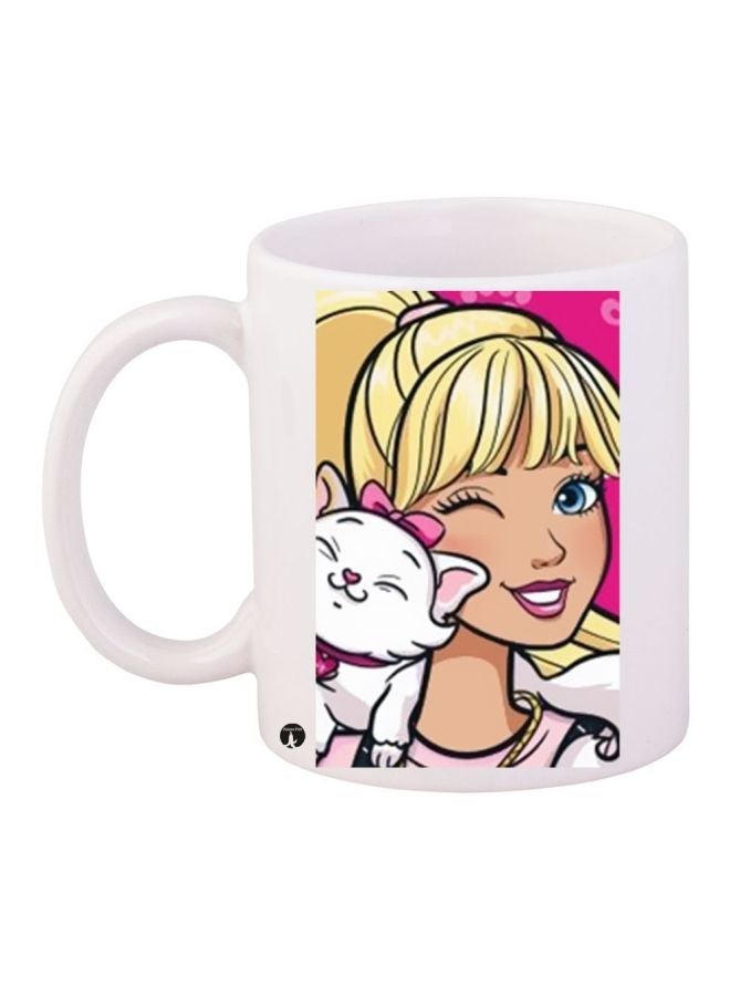 RYN Cartoon Girl Printed Coffee Mug White/Beige/Pink 11ounce