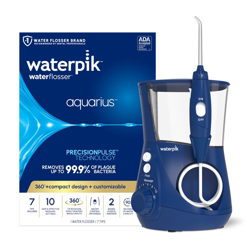 Waterpik جهاز تنظيف الأسنان بالماء ووتربك أكوارياس الاحترافي للأسنان واللثة وتقويم الأسنان والعناية بالأسنان، طاقة كهربائية مع 10 إعدادات، 7 نصائح لمستخدمين واحتياجات متعددة، معتمد من ADA، أزرق WP-663، قد يختلف التعبئة والتغليف - Image 1