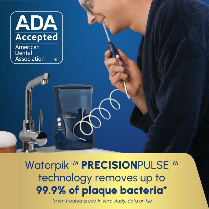 Waterpik جهاز تنظيف الأسنان بالماء ووتربك أكوارياس الاحترافي للأسنان واللثة وتقويم الأسنان والعناية بالأسنان، طاقة كهربائية مع 10 إعدادات، 7 نصائح لمستخدمين واحتياجات متعددة، معتمد من ADA، أزرق WP-663، قد يختلف التعبئة والتغليف - Image 3