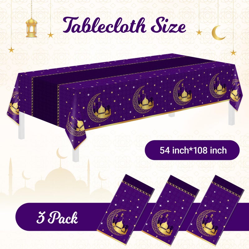 Childom 3 Pack Ramadan Table Cloth,Ramadan Decorations for Home,54" x 108" Eid Mubarak Decorations,Eid Ramadan Tablecloth Rectangular,Purple Plastic Table Cloth Disposable Table Cover for Party Favors - Image 5