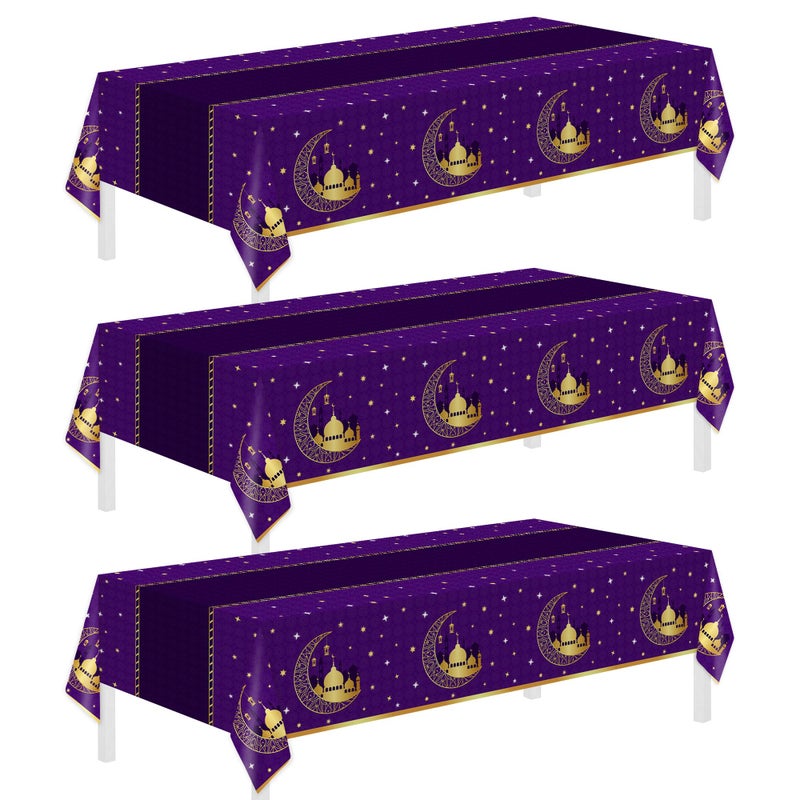 Childom 3 Pack Ramadan Table Cloth,Ramadan Decorations for Home,54" x 108" Eid Mubarak Decorations,Eid Ramadan Tablecloth Rectangular,Purple Plastic Table Cloth Disposable Table Cover for Party Favors - Image 1