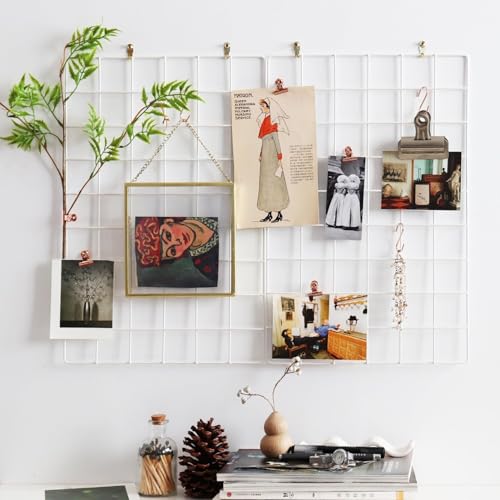 CreativeBuzz Steel Grid Photo Frame for Wall with 10 Wooden Deginer Clips | DIY Metal Mesh Wire Grid for Photo Display, Wall Decor, Memo Organizer | Aesthetic Room Decoration for Home, Living Room & Office (White, 65x45cm) - Image 3