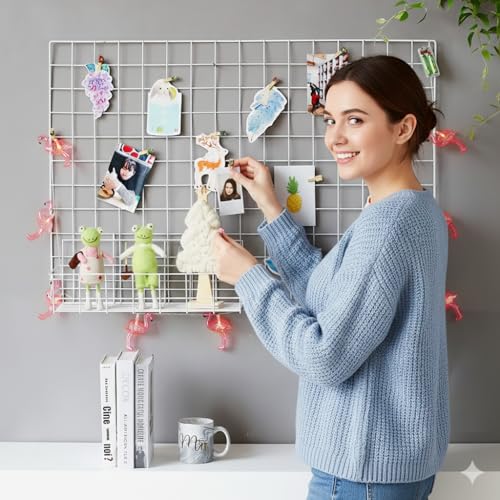 CreativeBuzz Steel Grid Photo Frame for Wall with 10 Wooden Deginer Clips | DIY Metal Mesh Wire Grid for Photo Display, Wall Decor, Memo Organizer | Aesthetic Room Decoration for Home, Living Room & Office (White, 65x45cm) - Image 5