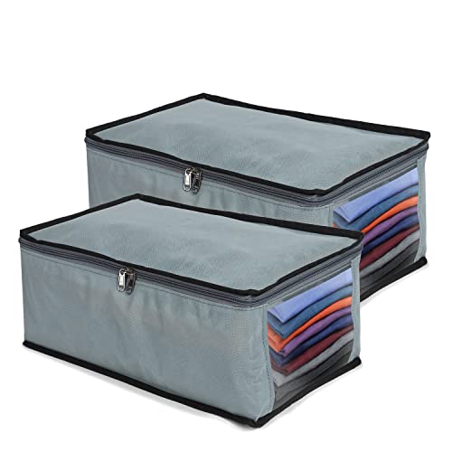 SHIBUI Foldable Closet Shirt Organizer For Wardrobe, Shirt Cover | Shirt Organiser | Clothing Storage Box With Clear Window,Non Woven Febric. (Pack Of 2, Grey, Non-Woven), 42 Centimeters - Image 1
