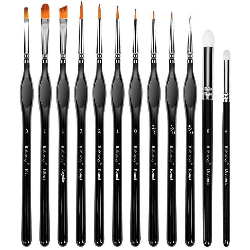 Blablaovy 12pcs Miniature Paint Brushes Drybrush Set, Detail Paint Brushes for Acrylics, Watercolor, Figurines Model, Face Painting, Piant by Number Kit for Adults - Triangular Handles (Black) - Image 1