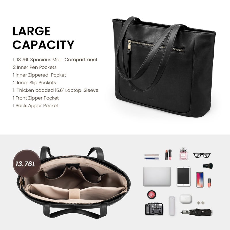 befen Genuine Leather Tote Bags for Women, Women's Shoulder Handbags Tote Purse with Zipper Work Tote Bags with 15.6" Compartment, Black - Image 4