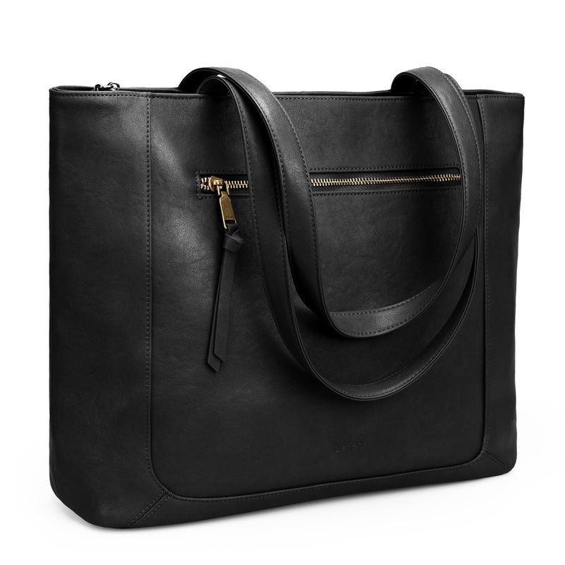 befen Genuine Leather Tote Bags for Women, Women's Shoulder Handbags Tote Purse with Zipper Work Tote Bags with 15.6" Compartment, Black - Image 1