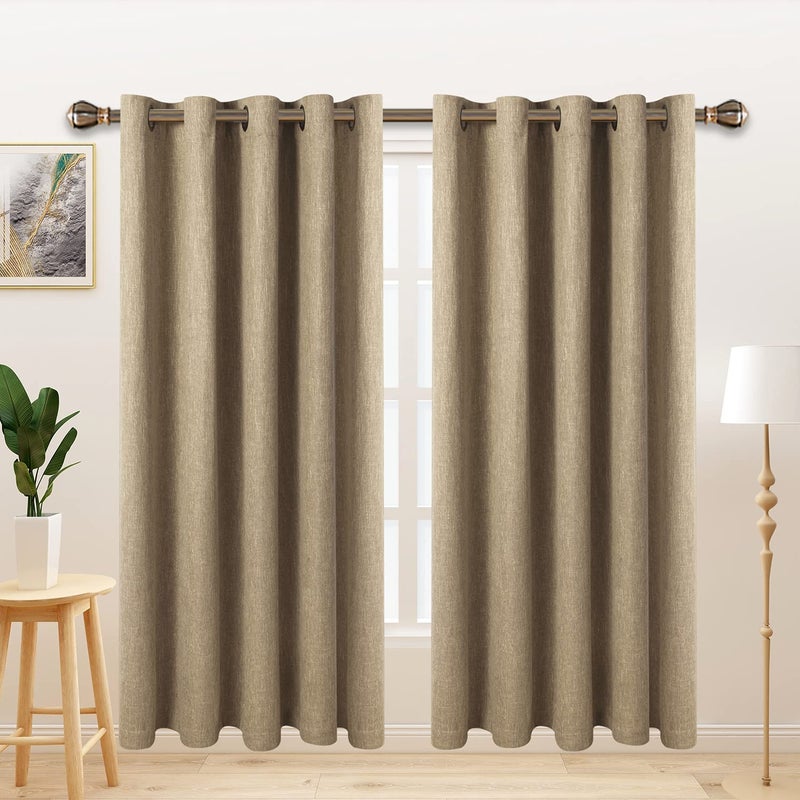 LORDTEX Linen Look Textured Blackout Curtains with Thermal Insulated Liner  Heavy Thick Grommet Window Drapes for Bedroom 70 x 95 Inches Tan Set of 2 Panels