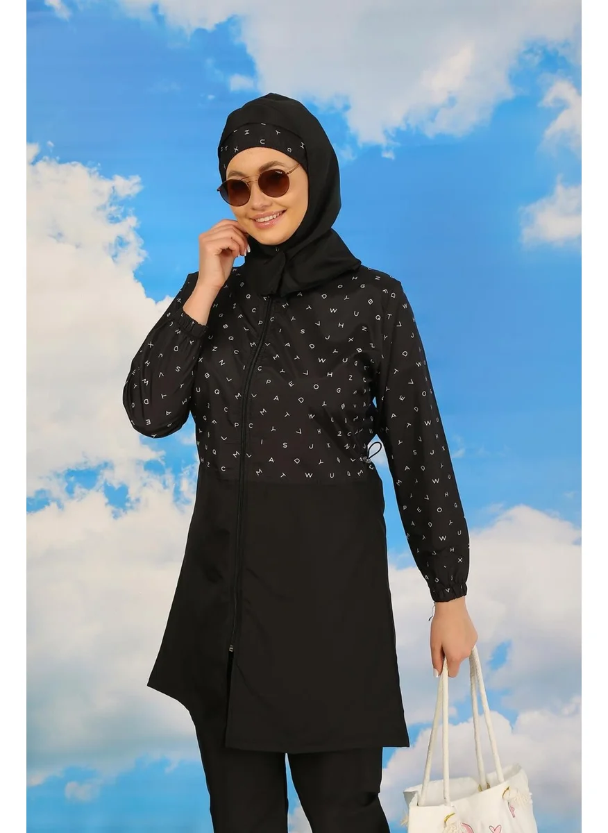 اكبينيز Women's Patterned Full Hijab Swimsuit with Trousers Black 31074