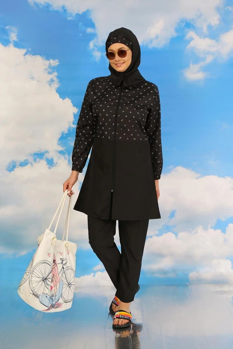 اكبينيز Women's Patterned Full Hijab Swimsuit with Trousers Black 31074