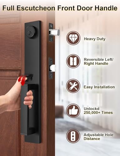 Tinewa 2 Pack Full Escutcheon HandleSet Front Door Entry Handle and Deadbolt Lock Set Slim Square Single Cylinder Deadbolt and Lever Heavy Duty – Matte Black Finish - Image 4