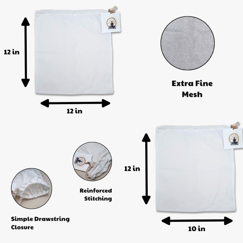 Manushya Life Pack of 2 (10" X 12"), Pack of 2 (12” X 12”) Nut Milk Bag | Manushya Life 100% Cotton Cloth Bags for Tea/juices/Herbs/Soup/Coconut,Almond, Peanut Milk, Durable,and Reusable Strainer  - Image 5