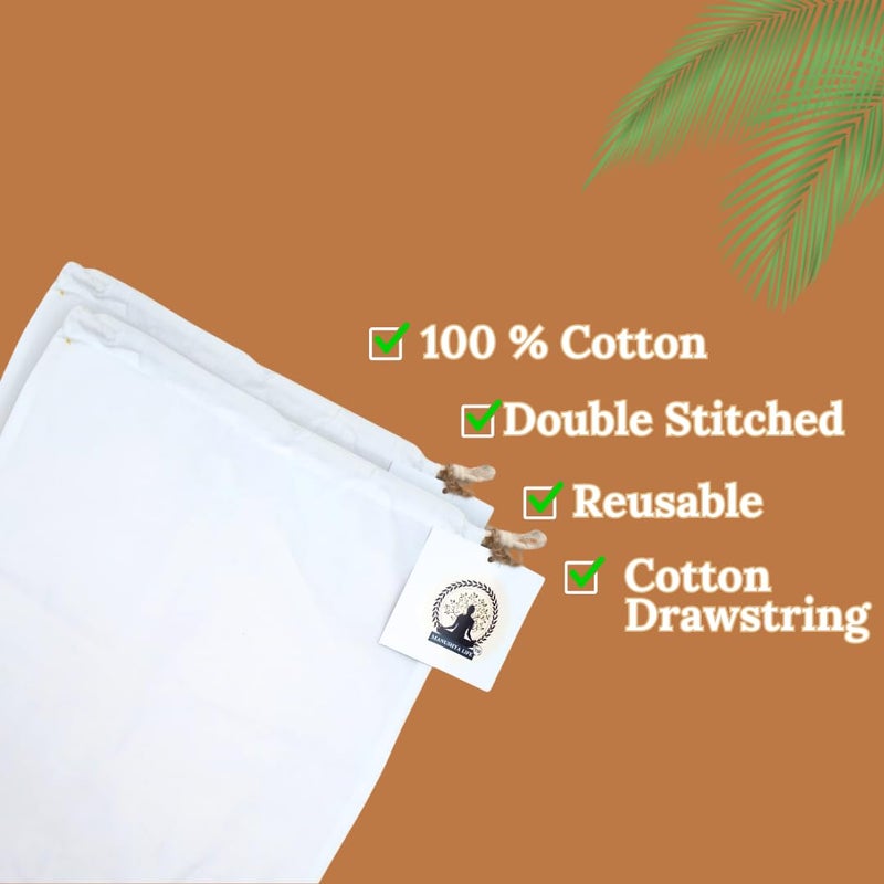 Manushya Life Pack of 2 (10" X 12"), Pack of 2 (12” X 12”) Nut Milk Bag | Manushya Life 100% Cotton Cloth Bags for Tea/juices/Herbs/Soup/Coconut,Almond, Peanut Milk, Durable,and Reusable Strainer  - Image 2