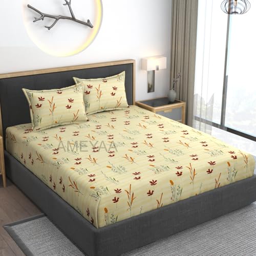 AMEYAA Premium Heavy Cotton Elastic Fitted Bedsheets with 2 King Size Pillow Covers || Double Bed with All Around Elastic 350 TC || 72 x 78 Inch King Size Fitted || - Yellow - Image 5