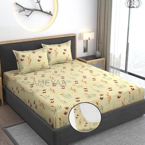 AMEYAA Premium Heavy Cotton Elastic Fitted Bedsheets with 2 King Size Pillow Covers || Double Bed with All Around Elastic 350 TC || 72 x 78 Inch King Size Fitted || - Yellow - Image 2