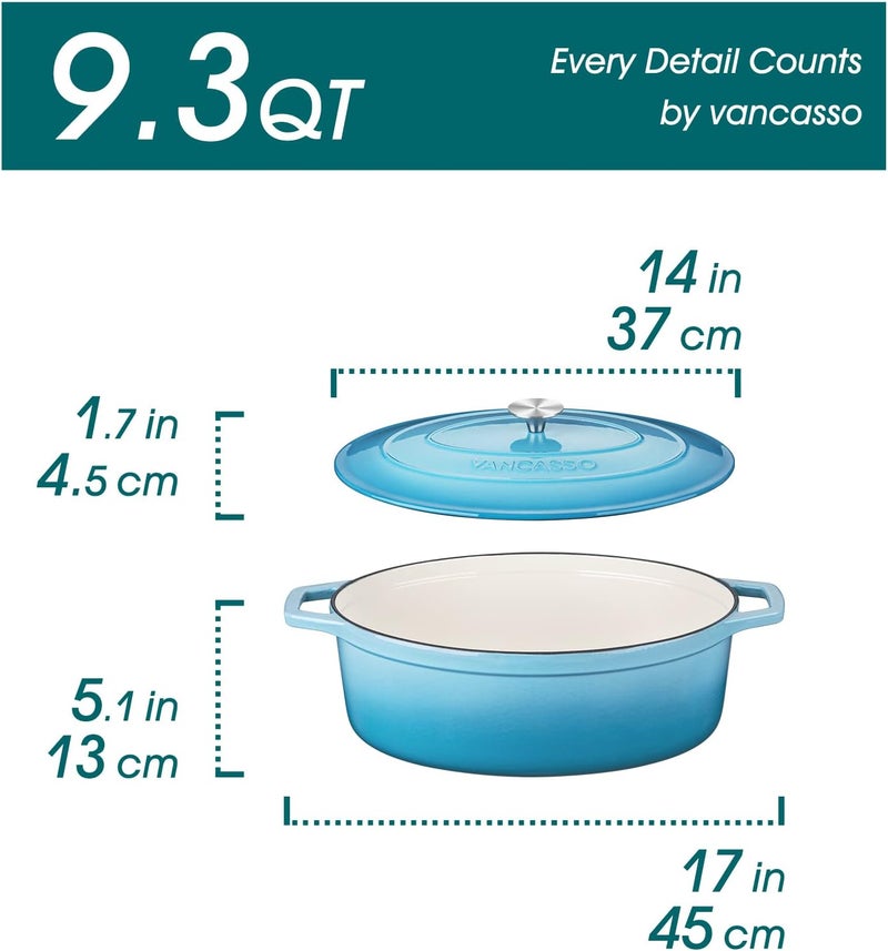 vancasso Enameled Cast Iron Dutch Oven, 9.3 Quart Dutch Oven Pot with Lid, Oval Dutch Oven Cast Iron Pot with Non Stick Coating for Bread Baking, Light Blue - Image 2