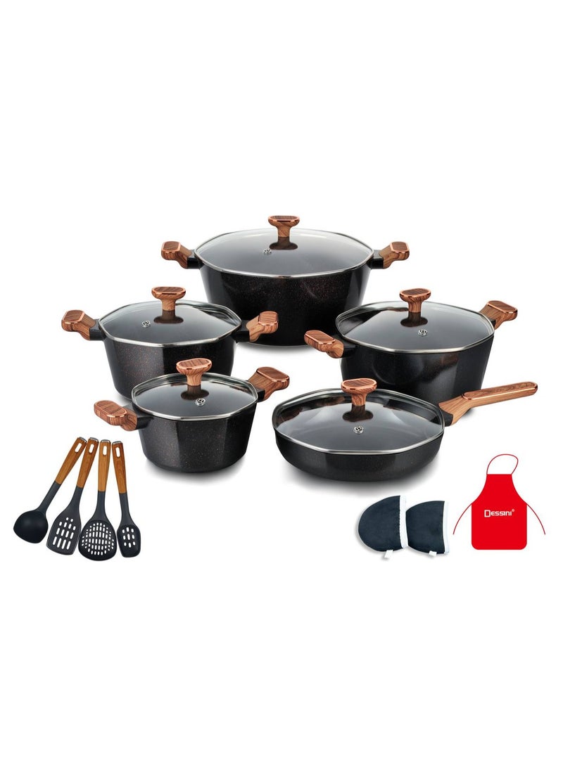 DESSINI 17-Piece Non Stick Granite Cookware Set 20/24/28/32Cm Casserole, 28Cm Shallow Casserole- PFOA Free - 2010 black 