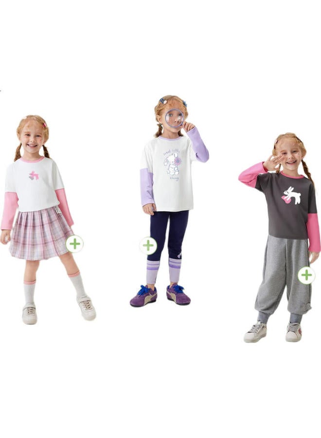 Mqdmini Girls' Long-Sleeve T-Shirt, Children'S Faux Two-Piece Solid Color T-Shirt, Fashionable Printed Top For Little Girls, Pink Bunny - Image 2