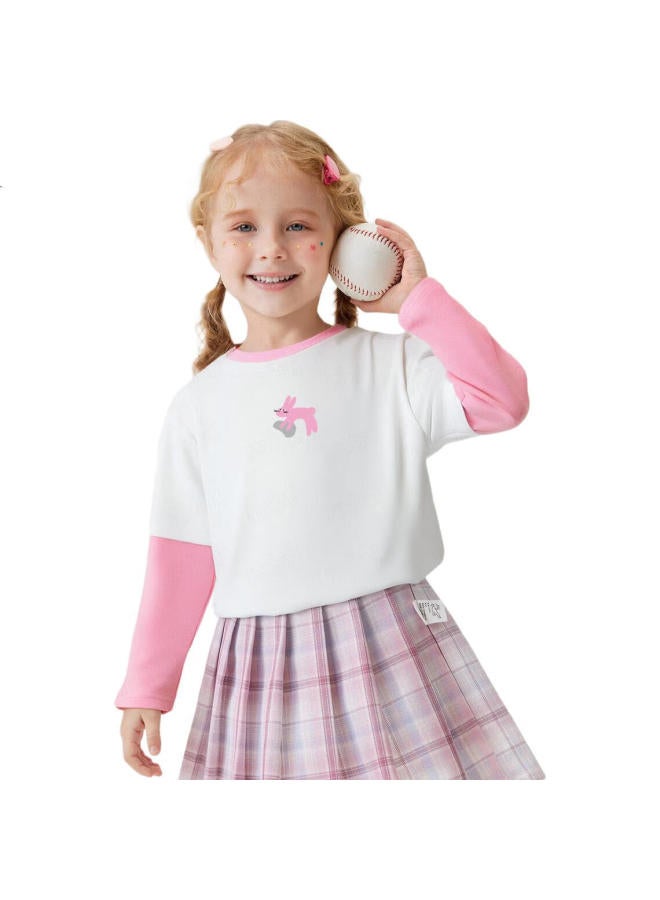 Mqdmini Girls' Long-Sleeve T-Shirt, Children'S Faux Two-Piece Solid Color T-Shirt, Fashionable Printed Top For Little Girls, Pink Bunny - Image 3