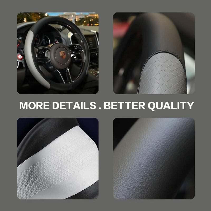 VARGTR Steering Wheel Cover, Microfiber Leather Splicing with Classic Embossing,Contrasting Colors Anti-Slip Breathable Auto Car Steering Wheel Cover Fit 15 Inch Car Wheel Protector (Black&Gray) - Image 4