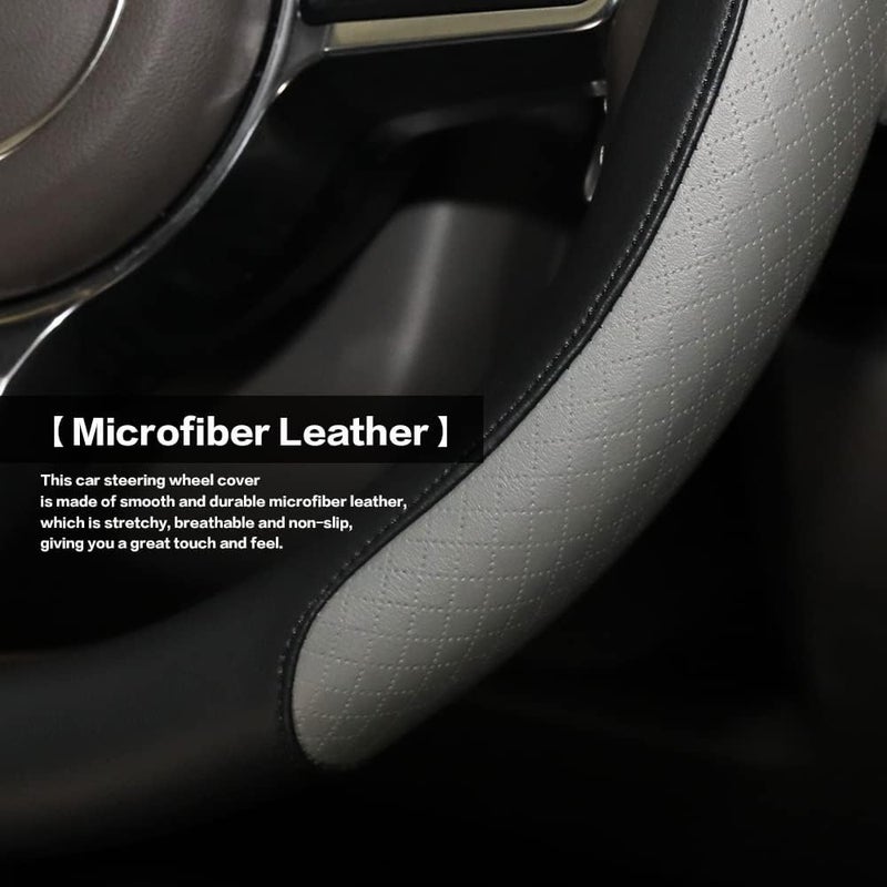 VARGTR Steering Wheel Cover, Microfiber Leather Splicing with Classic Embossing,Contrasting Colors Anti-Slip Breathable Auto Car Steering Wheel Cover Fit 15 Inch Car Wheel Protector (Black&Gray) - Image 2