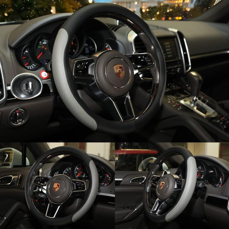 VARGTR Steering Wheel Cover, Microfiber Leather Splicing with Classic Embossing,Contrasting Colors Anti-Slip Breathable Auto Car Steering Wheel Cover Fit 15 Inch Car Wheel Protector (Black&Gray) - Image 3