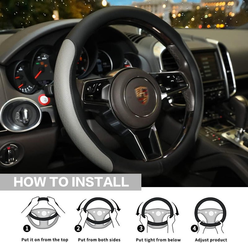 VARGTR Steering Wheel Cover, Microfiber Leather Splicing with Classic Embossing,Contrasting Colors Anti-Slip Breathable Auto Car Steering Wheel Cover Fit 15 Inch Car Wheel Protector (Black&Gray) - Image 5