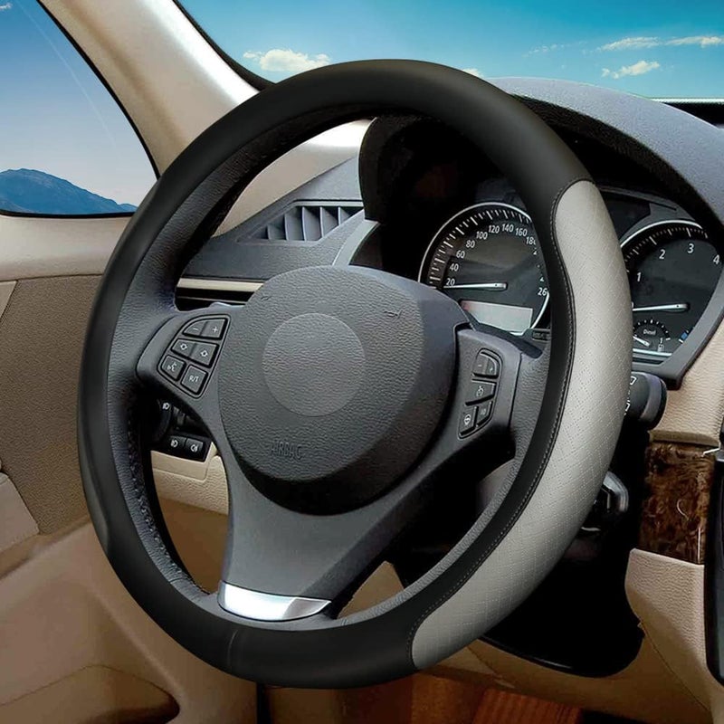 VARGTR Steering Wheel Cover, Microfiber Leather Splicing with Classic Embossing,Contrasting Colors Anti-Slip Breathable Auto Car Steering Wheel Cover Fit 15 Inch Car Wheel Protector (Black&Gray) - Image 1