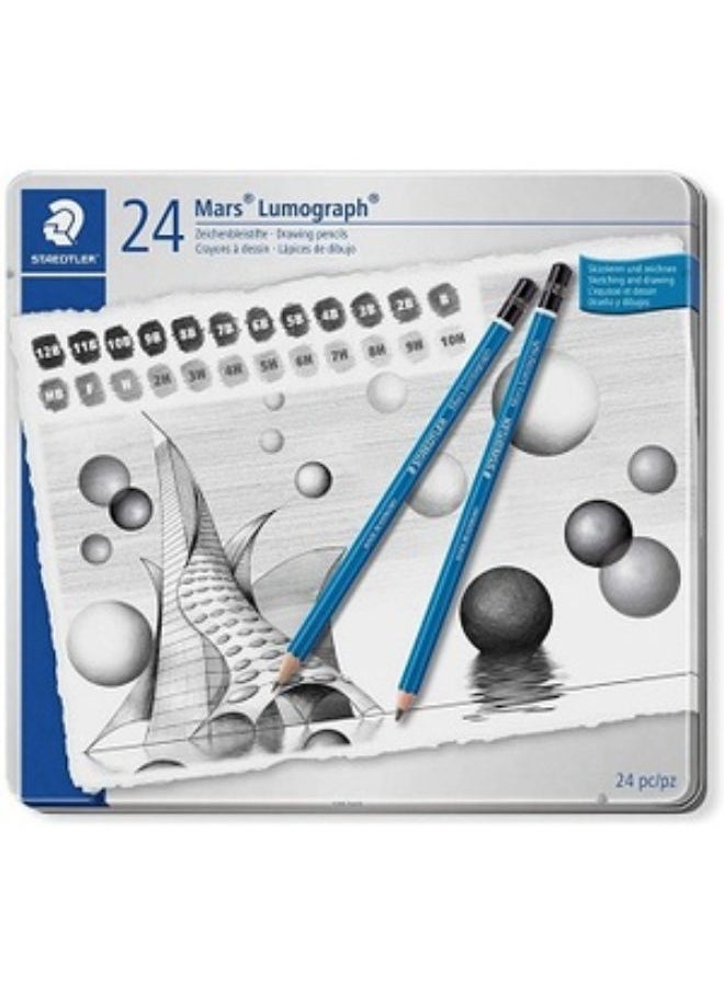 STAEDTLER Lumograph Graphite Drawing & Sketching Pencils, Soft Set Of 24 Degrees Metal Box 