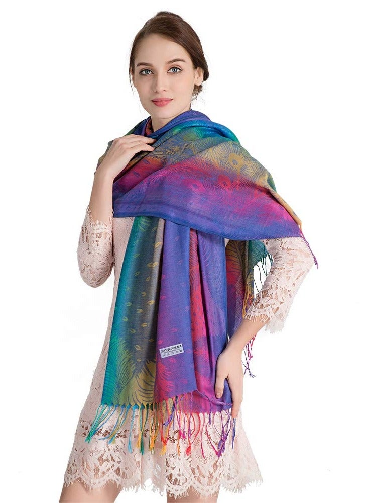 SYOSI شال نسائي ملفوف من قماش الباشمينا من القطن مزين بزهور ملونة وأوشحة بشراشيب - Image 3