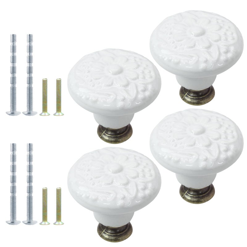 Suiwotin 4pcs White Ceramic Cabinet Knobs and Pulls Retro Dresser and Closet Drawer Handles Cupboard and Furniture Door Knobs