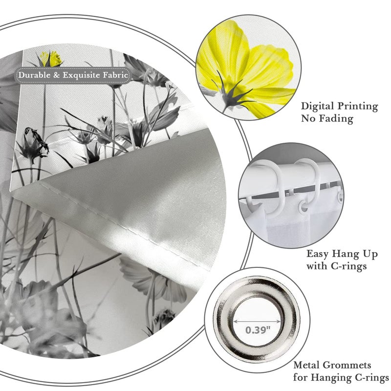Kikiry Yellow Gray Shower Curtain 60''W x 72''L White Grey Flowers Wildflower Daisy Floral Ink Painting Botanical Simple Elegance Bathroom Curtains Polyester Fabric 12 Pack Plastic Hooks - Image 2