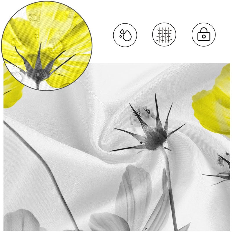 Kikiry Yellow Gray Shower Curtain 60''W x 72''L White Grey Flowers Wildflower Daisy Floral Ink Painting Botanical Simple Elegance Bathroom Curtains Polyester Fabric 12 Pack Plastic Hooks - Image 1