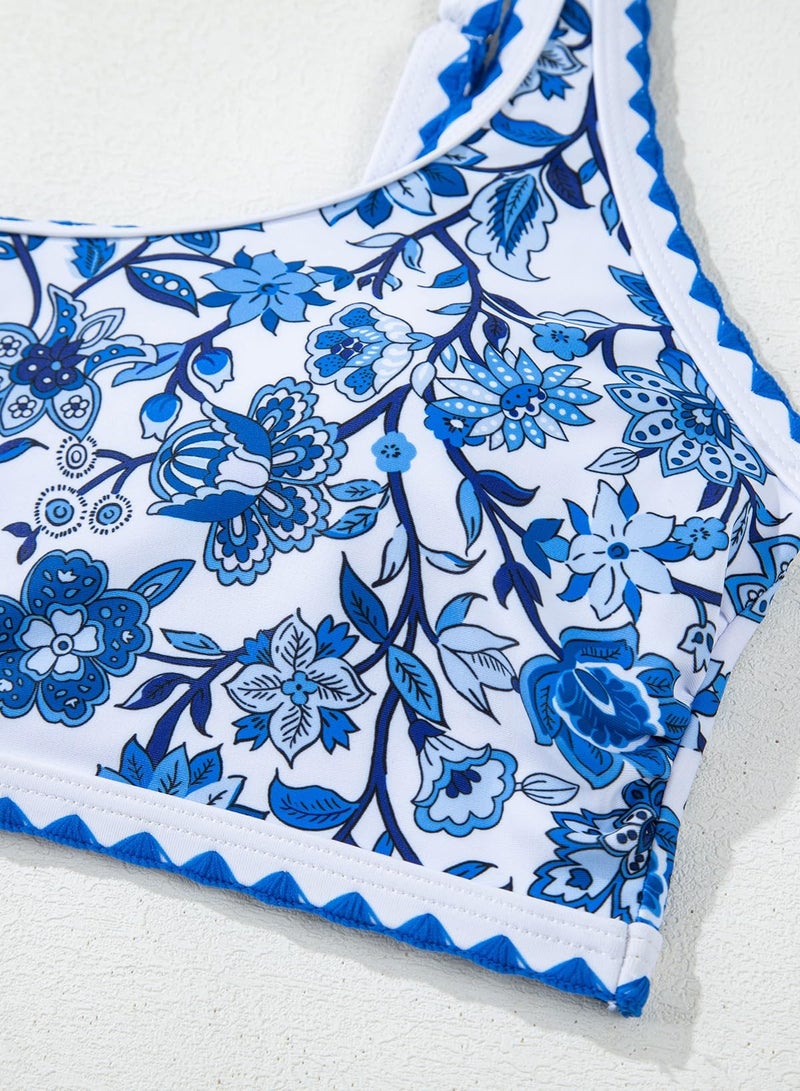 Herseas Women's Bikini Sets Floral Print Whip Stitch 2 Piece Modest Swimsuits High Waisted Scoop Padded Blue Bathing Suits X-Large - Image 5