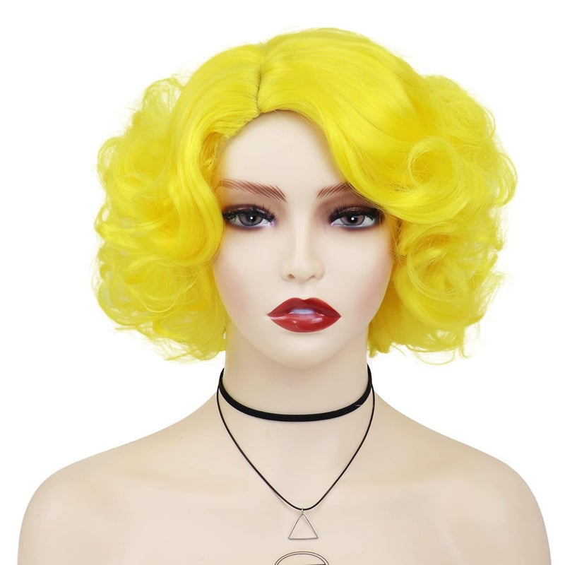 GNIMEGIL Cosplay Yellow Wig Short Curly Hair Layered Big Wavy Synthetic Wigs for Women Costume Carnival Party Halloween Wig with Wig Cap