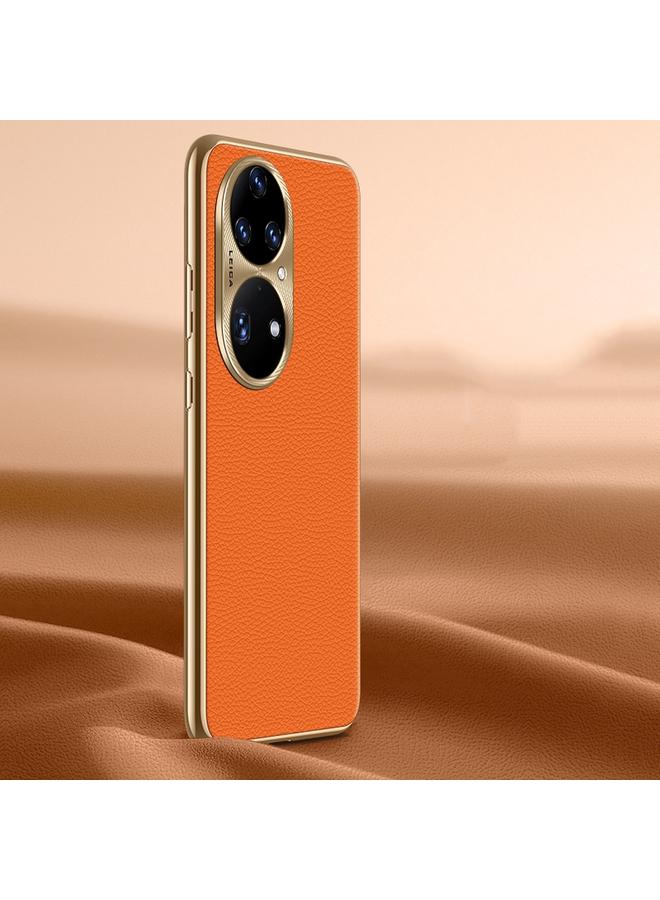 اس-توب جراب لهاتف Huawei P50 Pro مصنوع من الجلد الطبيعي بنسيج الليتشي - Image 1