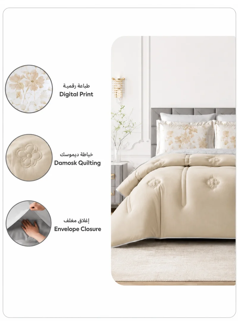 Donetella KING - 6Pcs (200x200) Bedding Comforter Set, King Size 240x260 cm - 6-Pcs Digital Print Quilted Bed Set, Microfiber Fabric - 1 Comforter, 1 Fitted Sheet, 2 Pillow Shams, 2 Pillowcases  | Best Price UAE