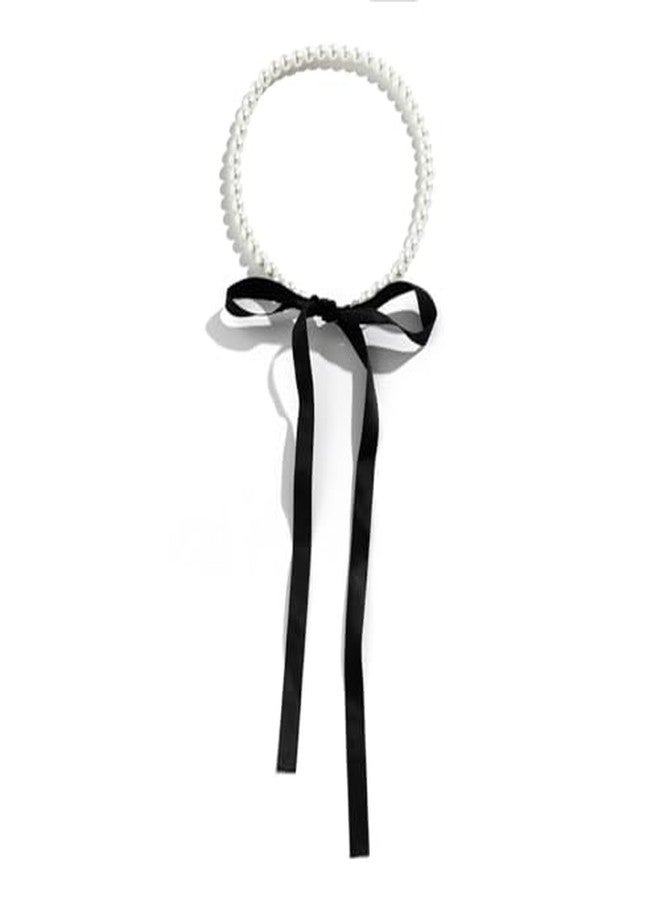CHIROGRAPHY1Psc Premium Pearls Bow Ribbon Choker Necklace for Women,Satin Lace Up Long Ribbon Bowknot Pearls Beaded Tie Necklace Party Prom Trendy Jewelry Gifts - Image 1