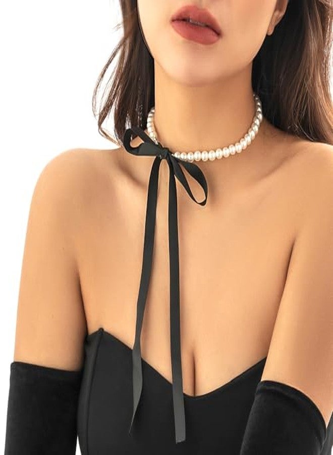 CHIROGRAPHY1Psc Premium Pearls Bow Ribbon Choker Necklace for Women,Satin Lace Up Long Ribbon Bowknot Pearls Beaded Tie Necklace Party Prom Trendy Jewelry Gifts - Image 2