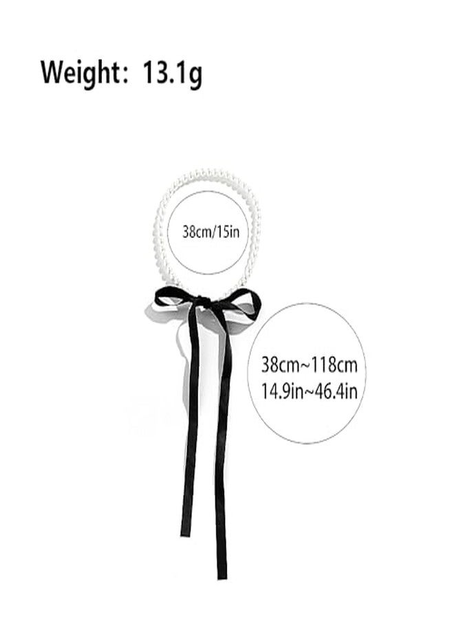 CHIROGRAPHY1Psc Premium Pearls Bow Ribbon Choker Necklace for Women,Satin Lace Up Long Ribbon Bowknot Pearls Beaded Tie Necklace Party Prom Trendy Jewelry Gifts - Image 4