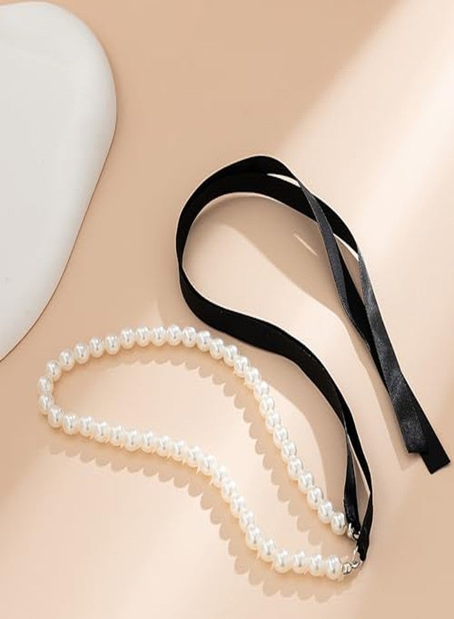 CHIROGRAPHY1Psc Premium Pearls Bow Ribbon Choker Necklace for Women,Satin Lace Up Long Ribbon Bowknot Pearls Beaded Tie Necklace Party Prom Trendy Jewelry Gifts - Image 3