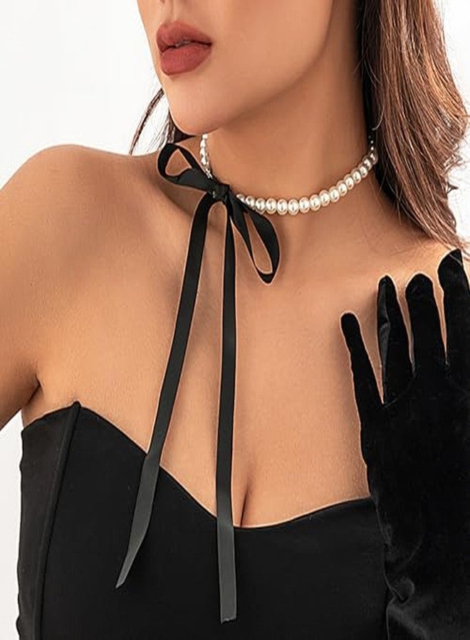 CHIROGRAPHY1Psc Premium Pearls Bow Ribbon Choker Necklace for Women,Satin Lace Up Long Ribbon Bowknot Pearls Beaded Tie Necklace Party Prom Trendy Jewelry Gifts - Image 5