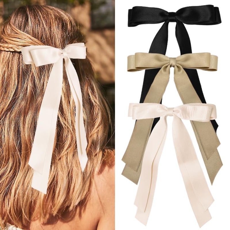 Hair Clip 3Pcs Satin Bows for Hair  Hair Ribbons for Women in Beige Black Champagne