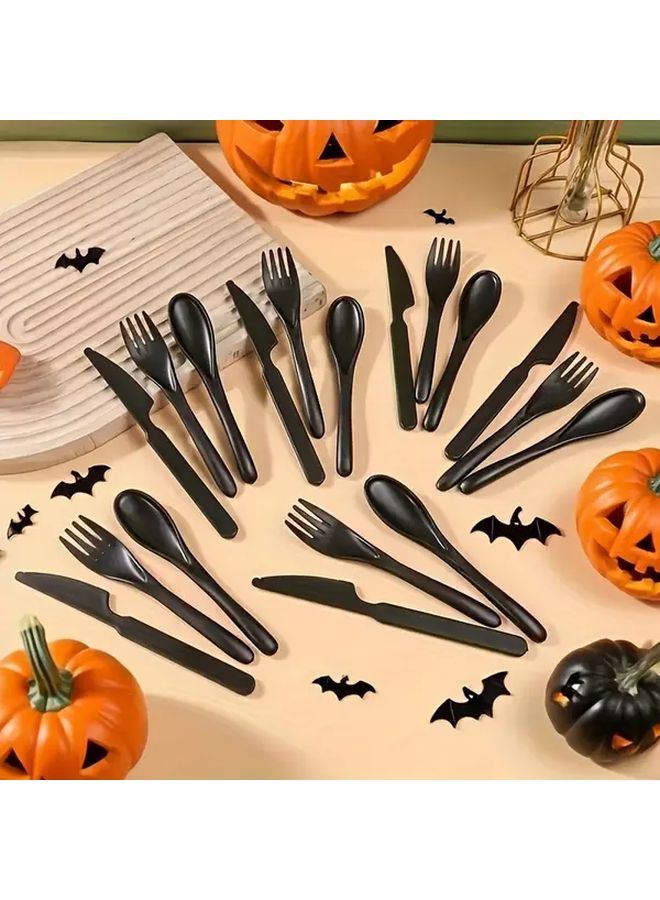 Reusable Black 90 Piece Plastic Cutlery Set Forks Spoons Knives Dishwasher Safe - Image 2