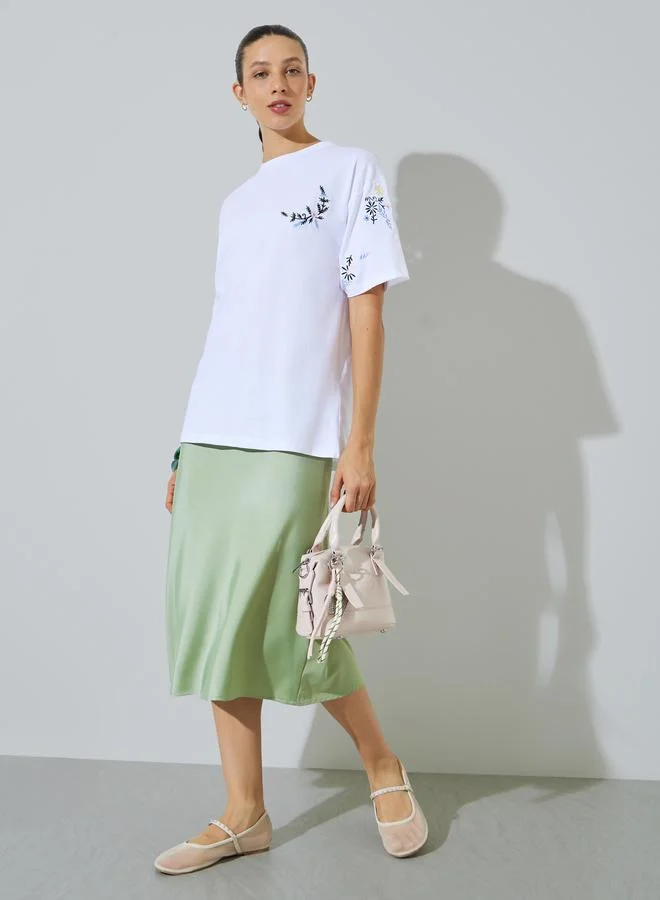 Styli White Embroidered Longline Cotton T-Shirt