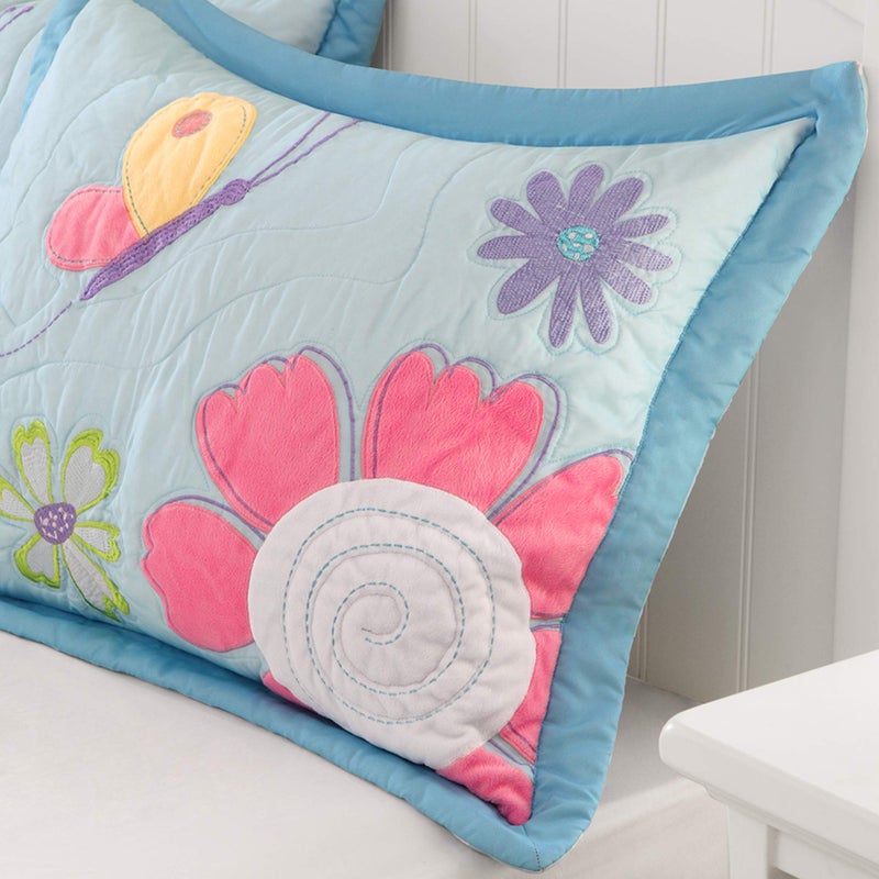 MIZONE Intelligent Design Kids Crazy Daisy Bedding For Girls Reversible Quilt Set - Sky Blue, Pink , Flowers, Butterfly, Polka Dots Reverse â€“ Ultra Soft Microfiber Coverlet, Twin 3 Piece - Image 3
