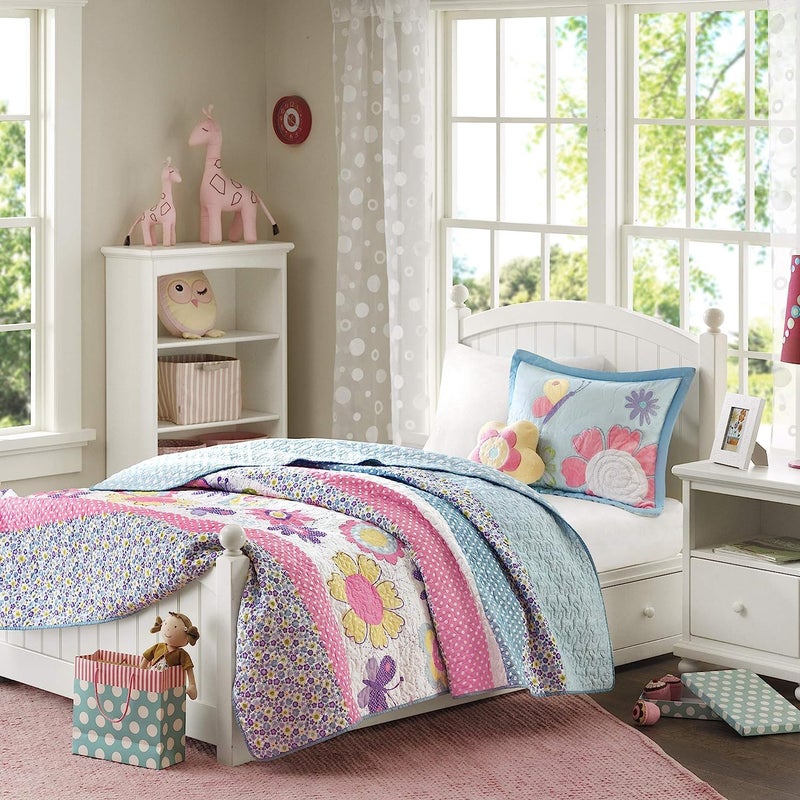 MIZONE Intelligent Design Kids Crazy Daisy Bedding For Girls Reversible Quilt Set - Sky Blue, Pink , Flowers, Butterfly, Polka Dots Reverse â€“ Ultra Soft Microfiber Coverlet, Twin 3 Piece - Image 1