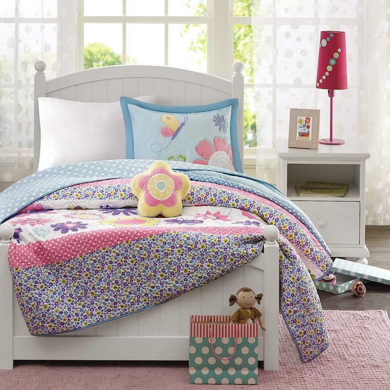 MIZONE Intelligent Design Kids Crazy Daisy Bedding For Girls Reversible Quilt Set - Sky Blue, Pink , Flowers, Butterfly, Polka Dots Reverse â€“ Ultra Soft Microfiber Coverlet, Twin 3 Piece - Image 2